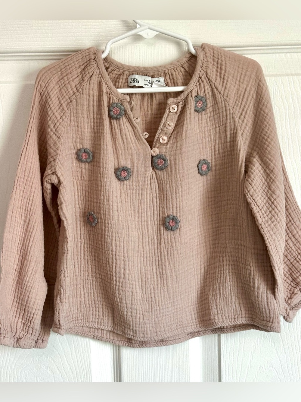 ZARA embroidered cotton muslin blouse dusty pink hue Flower Shirt Size 4-5 Years